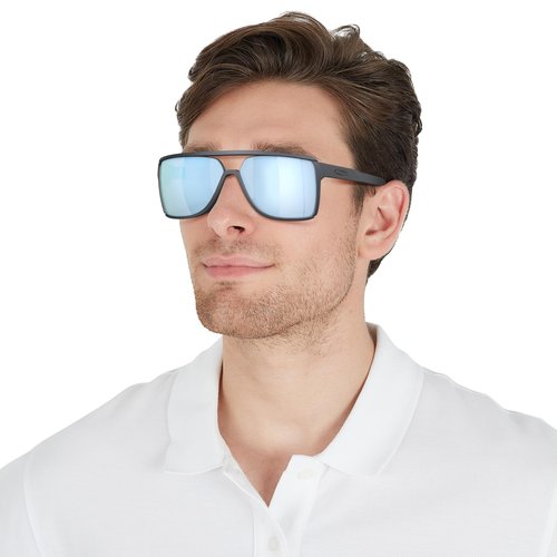 Oakley Men's OO9147 Castel Rectangular Sunglasses, Blue Steel/Prizm Deep Water Polarized, 63 mm