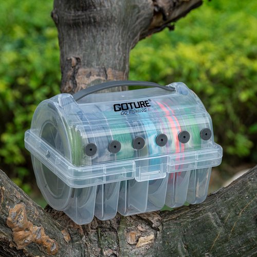 Goture Fishing Line Storage Box - 6 Slot Organizer (2 Large + 4 Standard), Clear Visibility, Silicone Holes