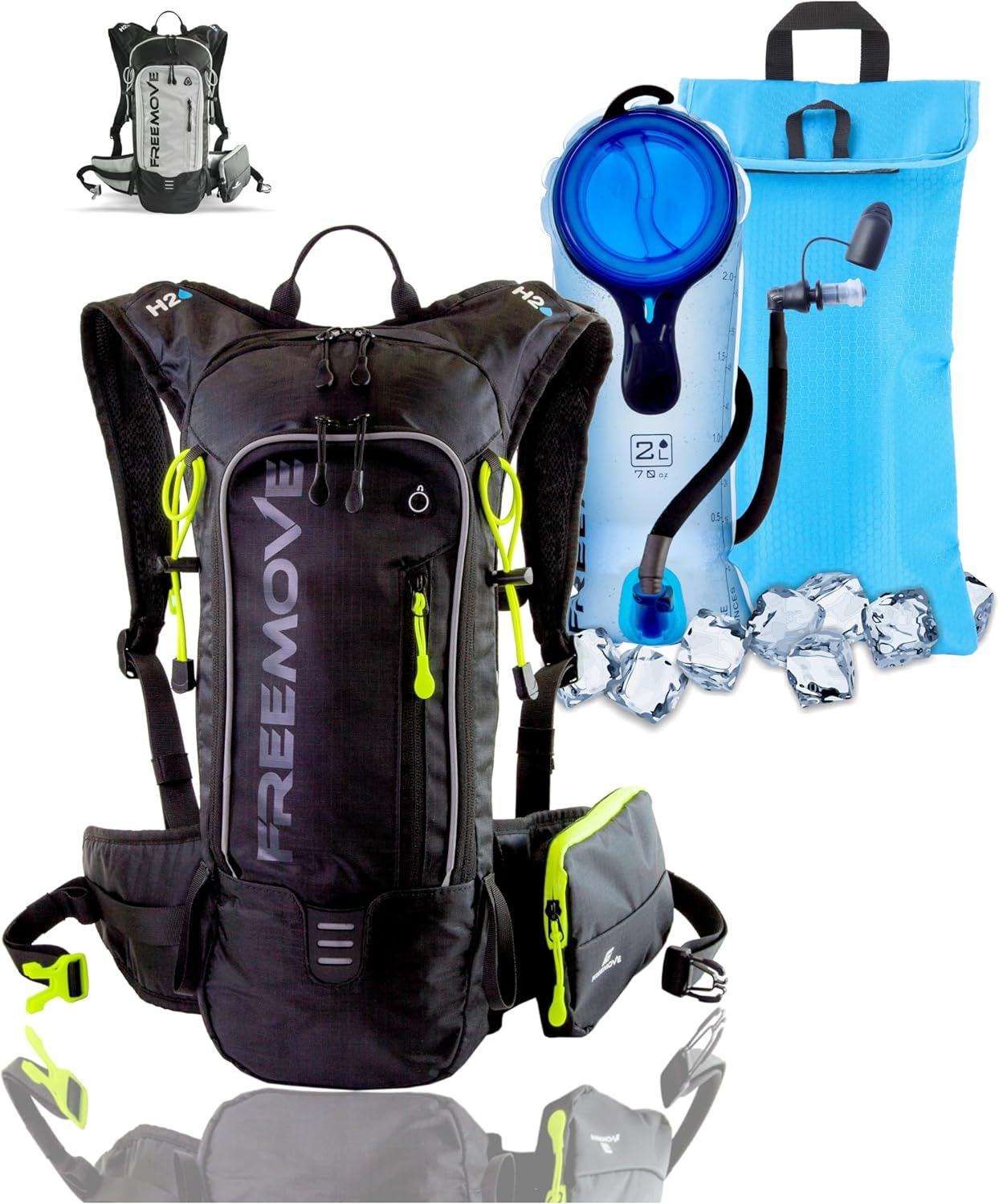 FREEMOVE Hydration Water Backpack 3in1 with 2L Bladder & Insulated Backpack Cooler Bag - a Complete Hydration Solution - Ideal Hydro Camel Back Pack for Hiking, Biking, Running, Cycling, MTB & Rave