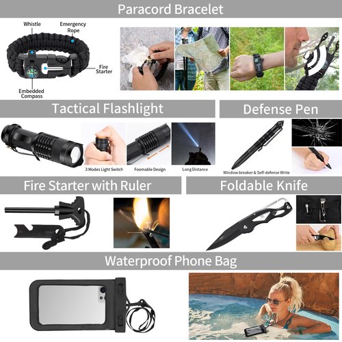 GPUSFAK Emergency Survival Kit and First Aid Kit, Camping First Aid Survival Kit with Molle Pouch for Preparedness Outdoor Adventure, Black