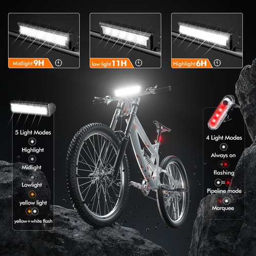 Bike Lights for Night Riding Rechargeable 9500 Lumen Bicycle Lights Front and Rear Rechargeable 5 Adjustable Modes 5 Bike Headlight and Tail Light Set 5 Adjustable Modes for Cycling (FYCQD02-BK-XY)