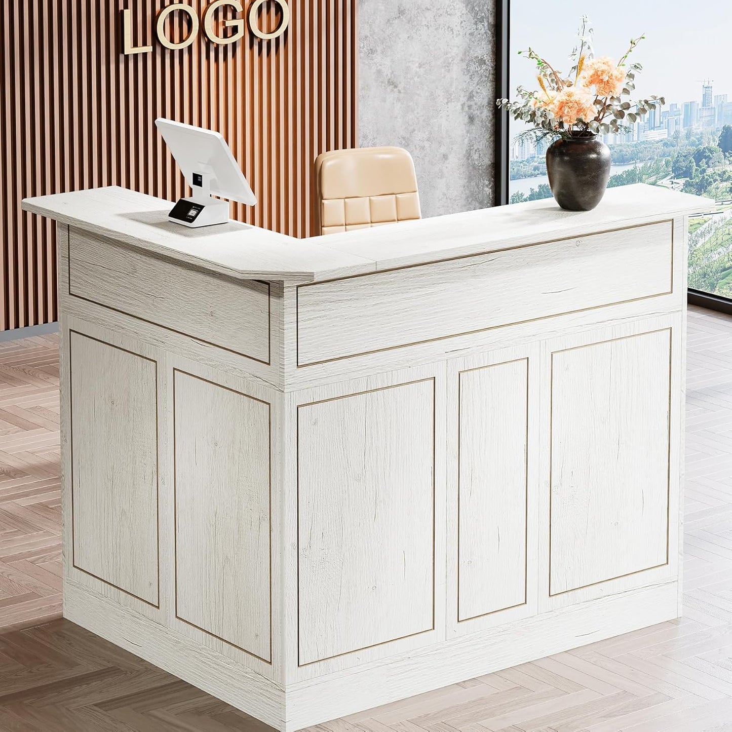 Tribesigns Reception Desk with Storage Shelves, L-Shaped Modern Front Desk, Reception Counter Table for Small Office, Salon, Checkout Office, Black