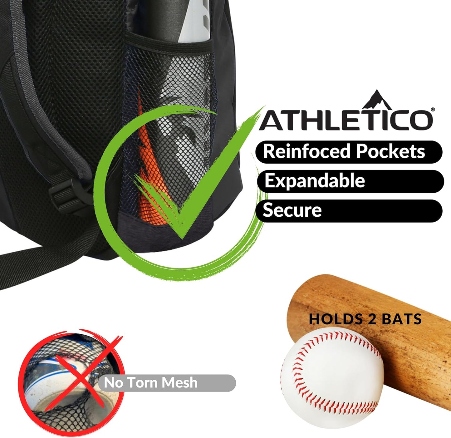 Athletico Youth Baseball Bag - Bat Backpack for Baseball, T-Ball & Softball Equipment & Gear | Holds Bat, Helmet, Glove | Fence Hook (Black)