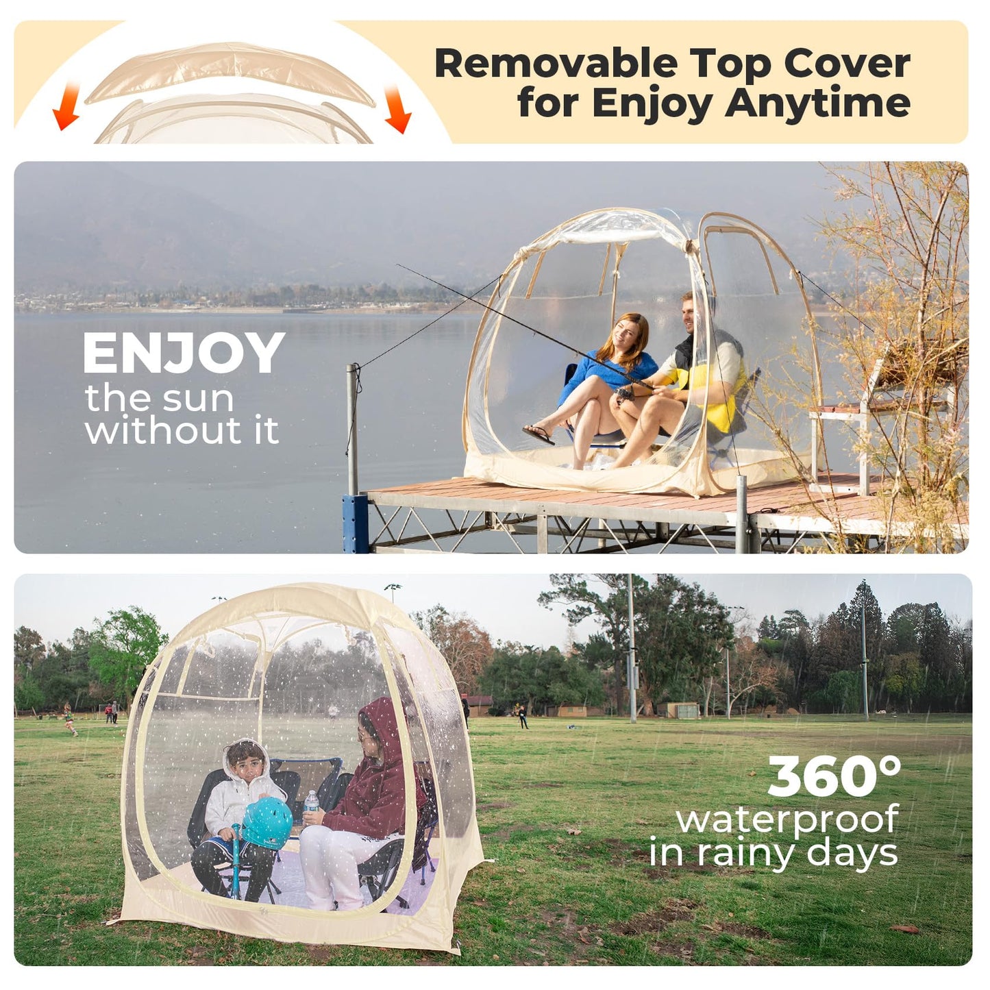 All Weather Proof Pod Sports Tent,Outdoor Weather Tent Sports Pod Pop Up Shelter with Sealed Floor,Pop Up Screen House with Carry Bag,Screen Room for Sport Event,Camping,Fishing-63"x63"x62"Clear