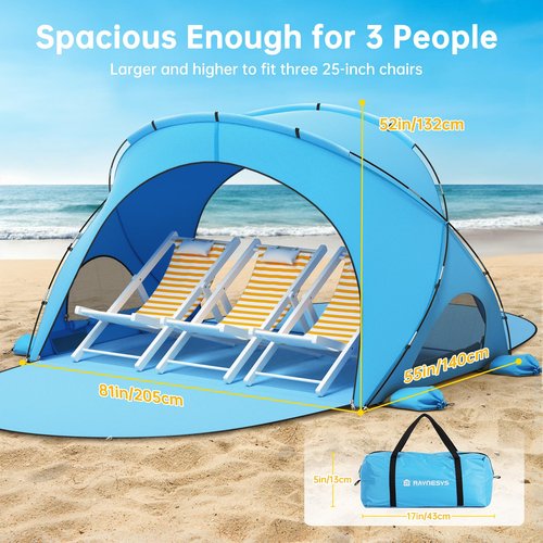 Raynesys Beach Tent Sun Shelter, Portable Beach Shade with UPF50+ UV Protection for 1-3 Person, Sun Shade Tent with 2 Zippered Doors, Cool Cabana for Sand Camping Fishing, Blue