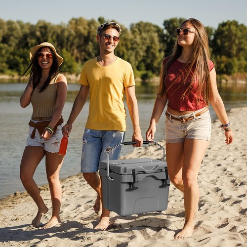 COSTWAY 16 Quart Grey Portable Hard Cooler with 2 Cup Holders, 3-5 Days Ice Retention, Heavy Duty Handle and Anti-Slip Foot Pads