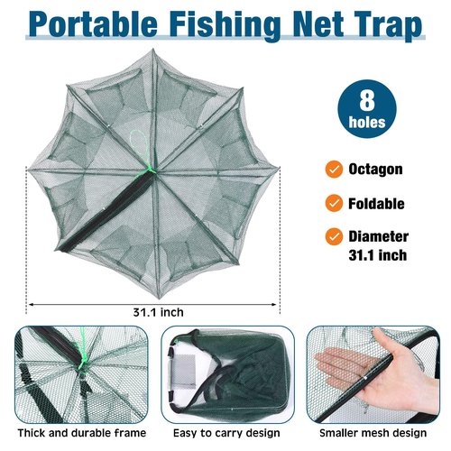 Relaxgiant 6 Pcs Fishing Net Trap Portable Folded, Crab Trap Minnow Trap, Fishing Landing Net with Telescoping Pole Handle, Casting Net Bait Trap with Heavy Duty Sinker and Storage Bucket
