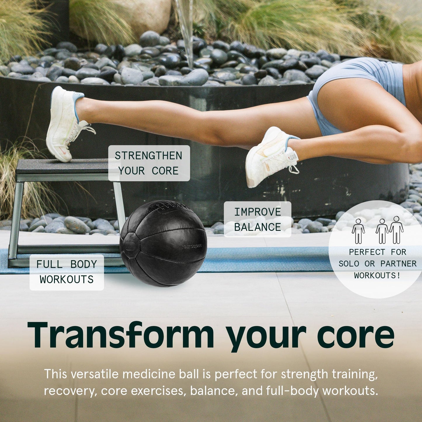 Retrospec Core Weighted Medicine Ball 4, 6, 8, 10, 12, 14, 16, 20, 25, 30 lbs, Soft Touch Vegan Leather with Sturdy Grip for Strength Training, Recovery, Balance Exercises and Other Full-Body Workouts