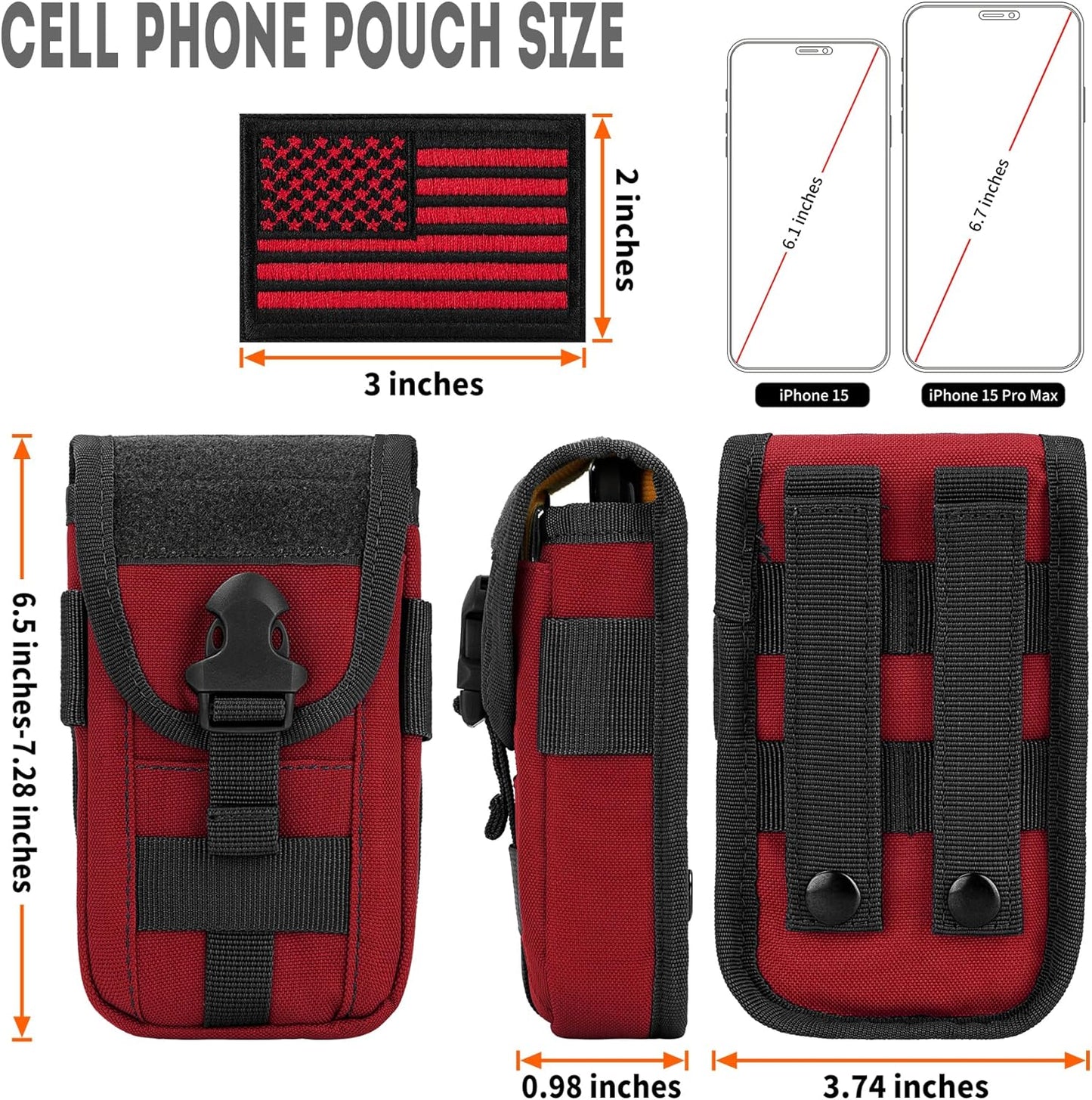 IronSeals Tactical Phone Holster Pouch, Tactical Smartphone Pouches Cellphone Case Molle Gadget Bag Molle Attachment Belt Holder Waist Bag for 4.7"-6.9" with US Flag Patch for iPhone 16 Pro/15 Pro