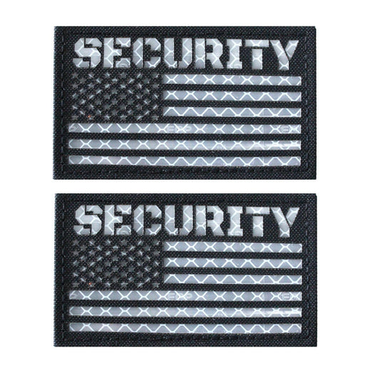 2 Pack Black White Reflective Security Patch US Flag with Hook Back for Service Harness Tactical Vest Collar Hook-Fastener Backing (SECURITY)