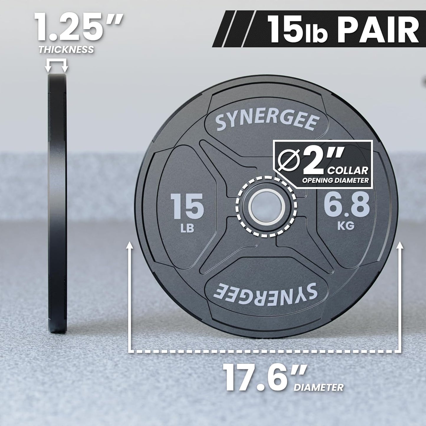 Synergee Bumper Plates – Durable Olympic Weight Plates, Low-Bounce Rubber for Strength Training, Powerlifting, and Functional Workouts.