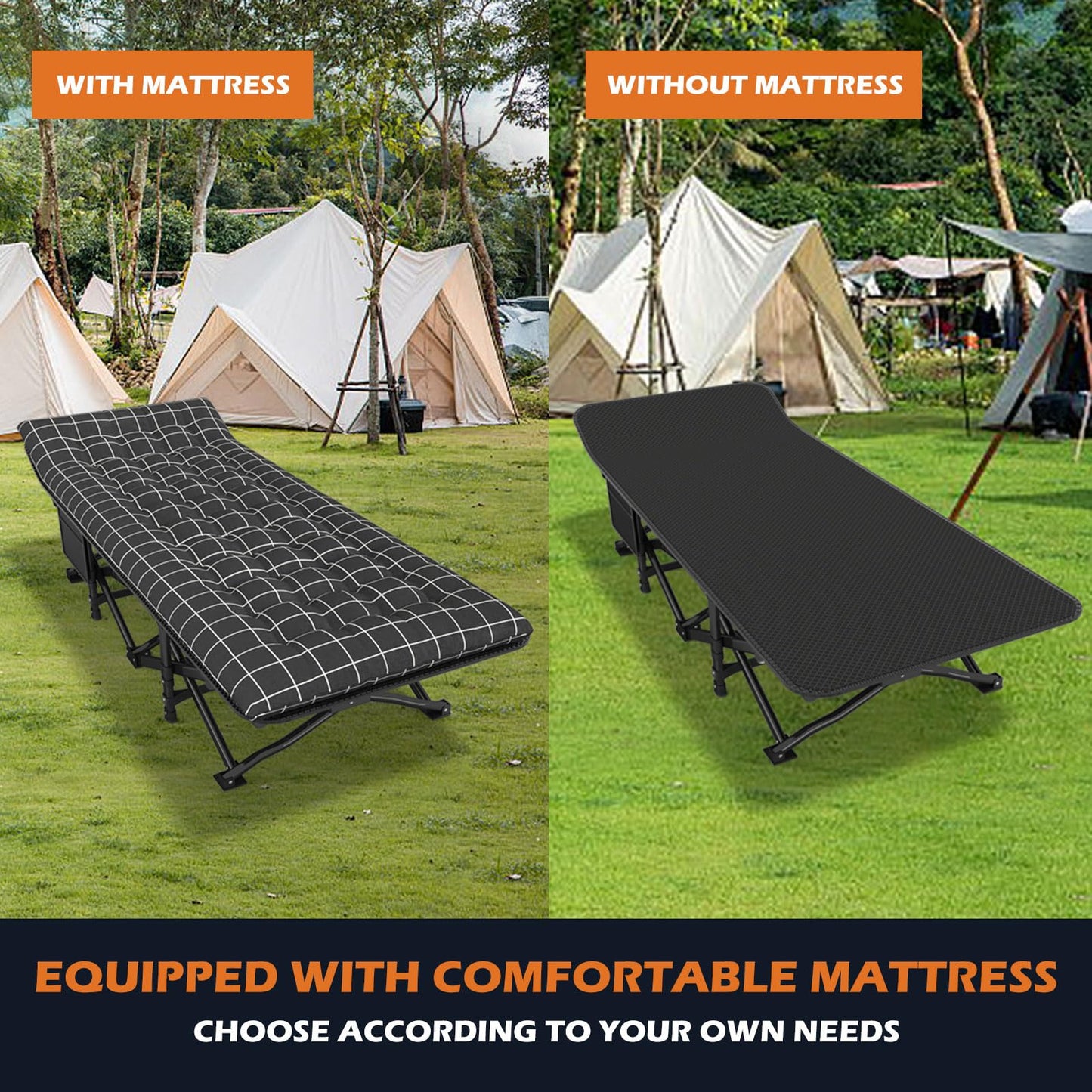 ATORPOK Camping Cot for Adults with Cushion Comfortable, Portable Folding Bed for Sleeping, Lightweight Folding Bed with Carry Bag for Kids Supports 450 lbs (Black)