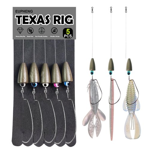 EUPHENG Texas Rigs for Bass Fishing, Pre-Rigged Leader Line with Weights Hooks Barrel Swivel Kit, 5PCS (#4/0 Hooks-3/8 oz Weight)