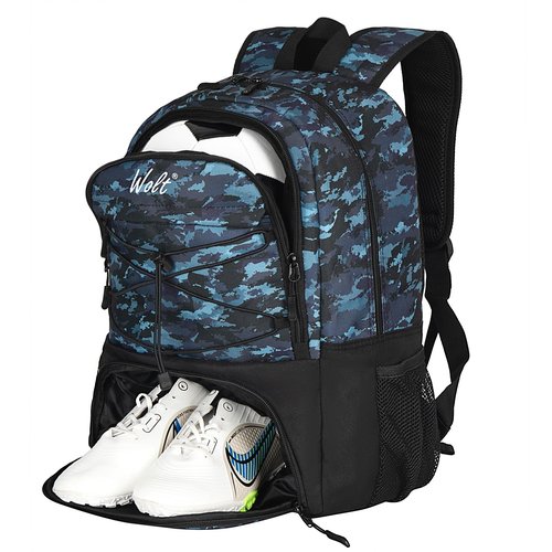 WOLT Youth Soccer Bag, Soccer Backpack, Basketball Backpack with Cleat Shoe and Ball Compartments Sports Backpack for Volleyball Football for Men Women (CamoBlue)