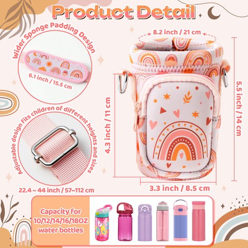 Water Bottle Carrier Bag with Strap for Kids - Boho Rainbow Water Bottle Bag Holder with Padded Strap Pocket 10/12/14/16/18Oz Neoprene Insulated Bottle Bag for Boys Girls School Walking Hiking Camping