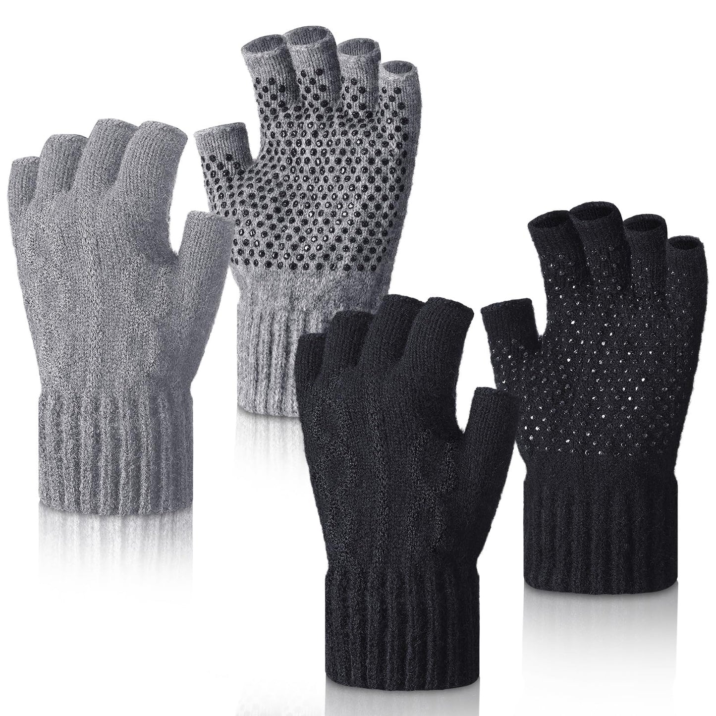 Geyoga 2 Pairs Wool Fingerless Fishing Gloves for Men Women Anti-Slip with Grip Dots Warm Winter Fly Ice Fishing Gloves(Black and Gray,Fingerless)