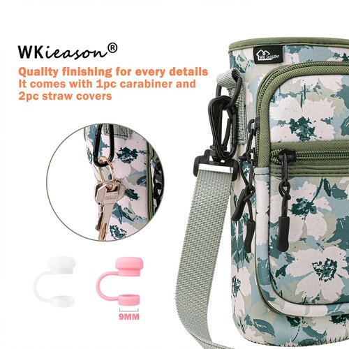 Water Bottle Carrier Bag with Strap Tumble Carrier Bag Pouch with Phone Pocket Strap for Stanley Cup Accessories 40 oz Water Bottle Holder Sling with Strap, 2PC Straw Cover and 1pc Carabiner