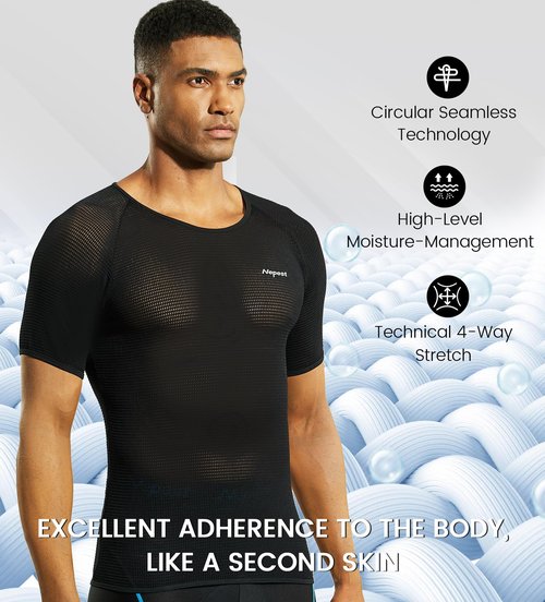 Nepest Men's Short Sleeve Biking Base Layer, 2 Pack Breathable Mesh Cycling Jerseys Bicycle Tops Ultralight Bike Baselayer Undershirt Sports Lightweight Quick Dry Black,L