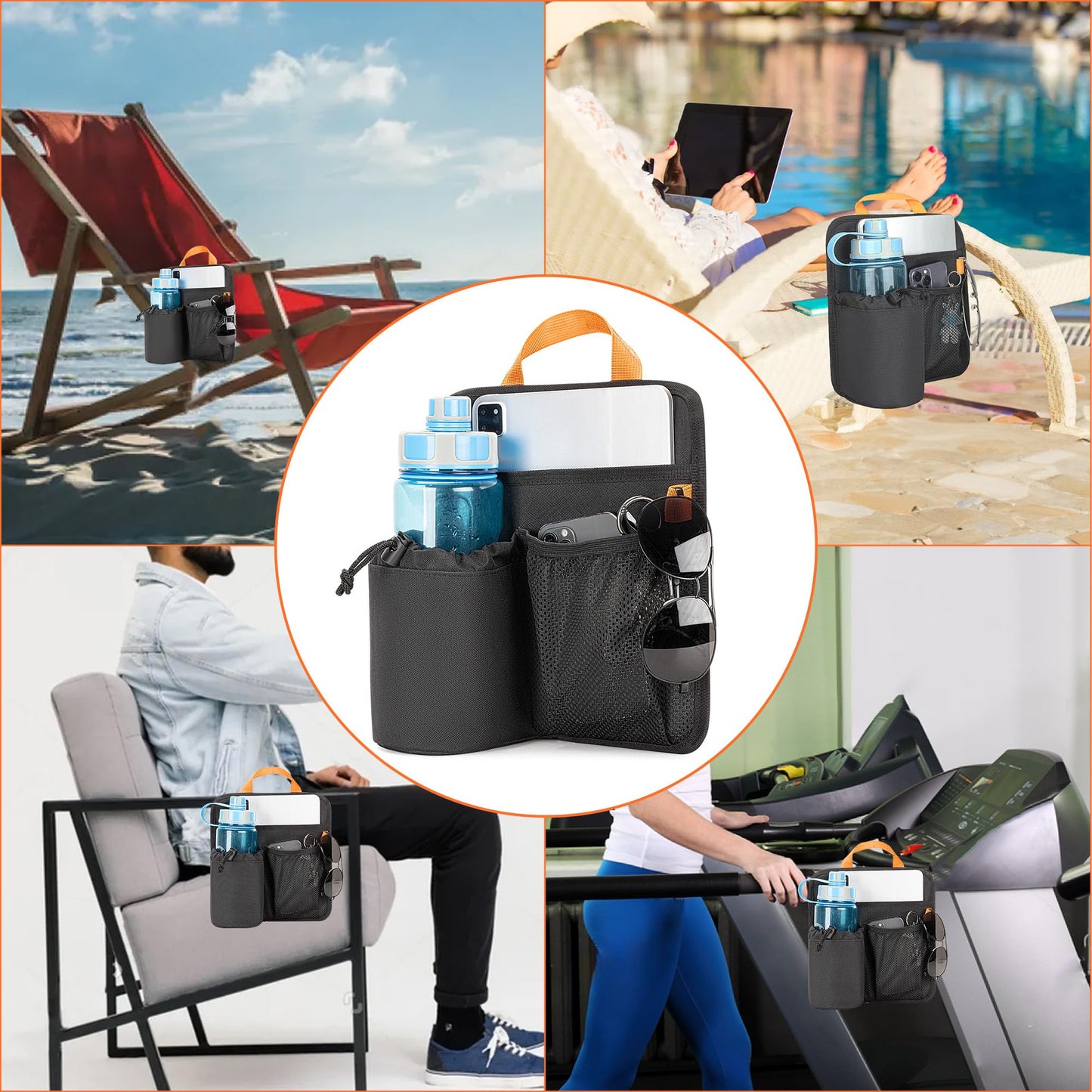 GRAOSO Beach Chair Cup Holder, Chair Side Organizer Easily Attached to Armrest with 2 Self-Adhesive Fastener Strap, Hanging Chair Attachment for Water Bottle, Sunglasses, Phone, Snack, etc..