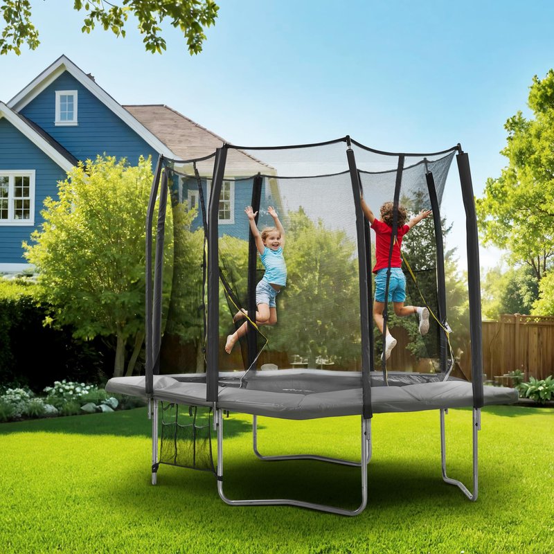 Exacme 7X10 8X12 9X14 Foot Rectangle Trampoline for Kids, Double Enclosure Openings, Small Outdoor Rectangular Trampoline with Enclosure Net, 4 Wind Stakes, Storage Bag, (Gary, 7×10 Feet)