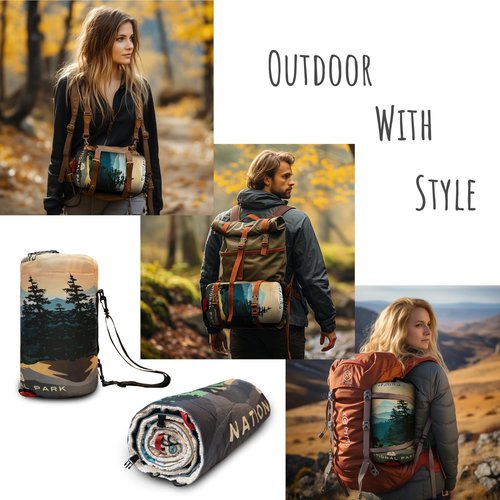 AZITREK Sherpa Puffy Outdoor Camping Blanket for Traveling, Picnics, Beach, Concert, Car, Stadium, Sporting Events - Wearable Warm Waterproof - 55 X 78 (Great Smoky Mountains NP)