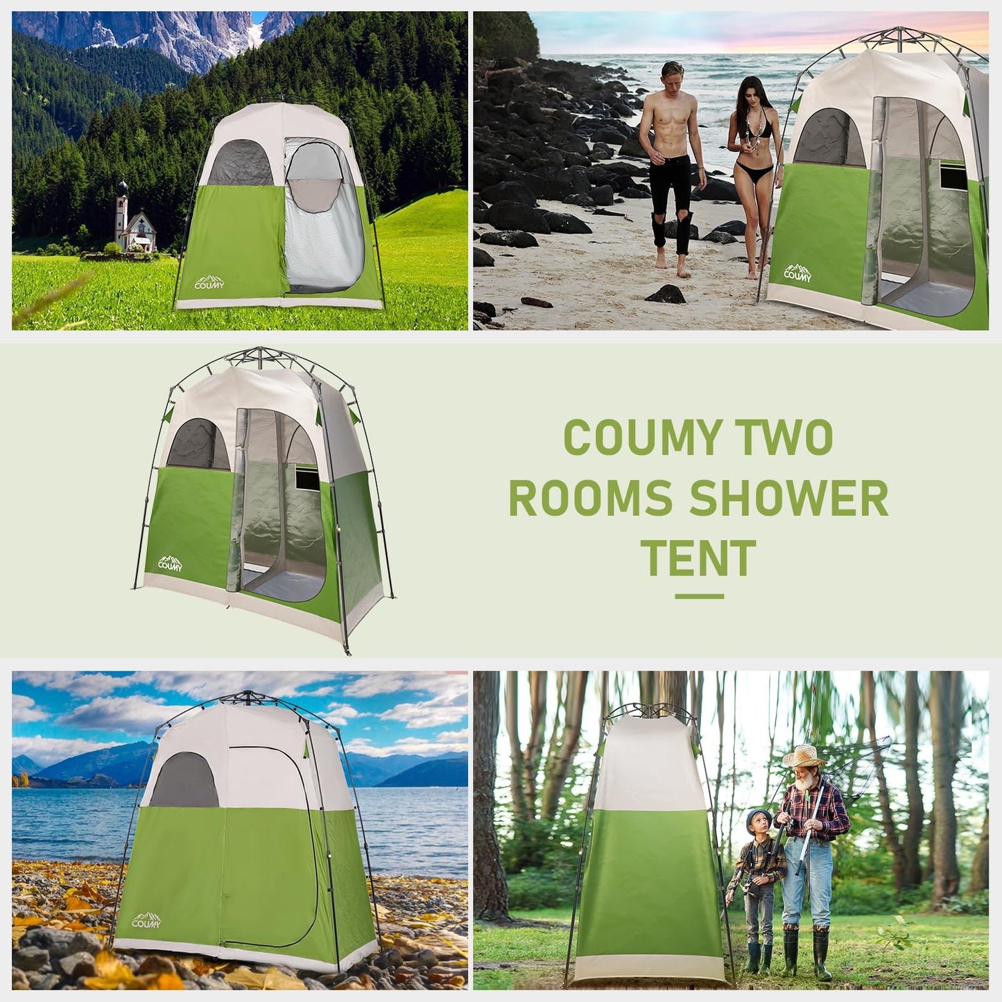 Coumy 2 Rooms Instant Pop-up Camping Shower Tent Privacy Shelter,Portable Outdoor Shower,Changing Room,Sun Shelter for Camping,Beach Hiking,and Fishing