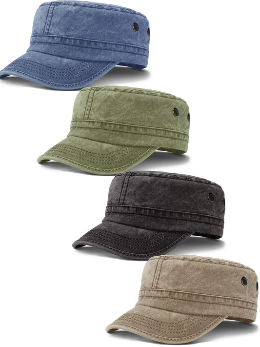 4 Pieces Cadet Caps Army Military Hats Washed Cotton Flat Top Hats Military Style Patrol Hat Adjustable Veteran Cap for Men
