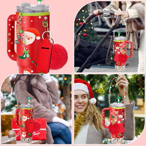 Mity rain 8PCS Christmas Cup Accessories for Stanley Cup 30oz 40oz Tumbler with Handle, Including Water Bottle Handle Strap, Chapstick Holder, Boot, Keychain Charms, Straw Topper Cap, Updated