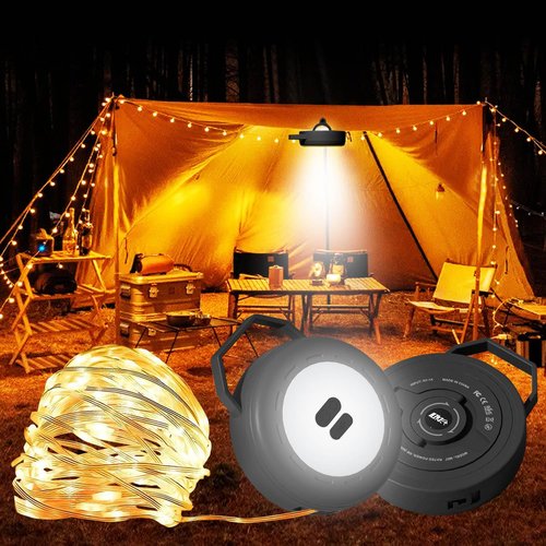 Leehuinii Retractable Camping String Lights Reel, Portable Stowable Rechargeable Strip Light, Waterproof Tent Lantern for Outdoor Hiking Awning Garden Party Festival Decor (Black)