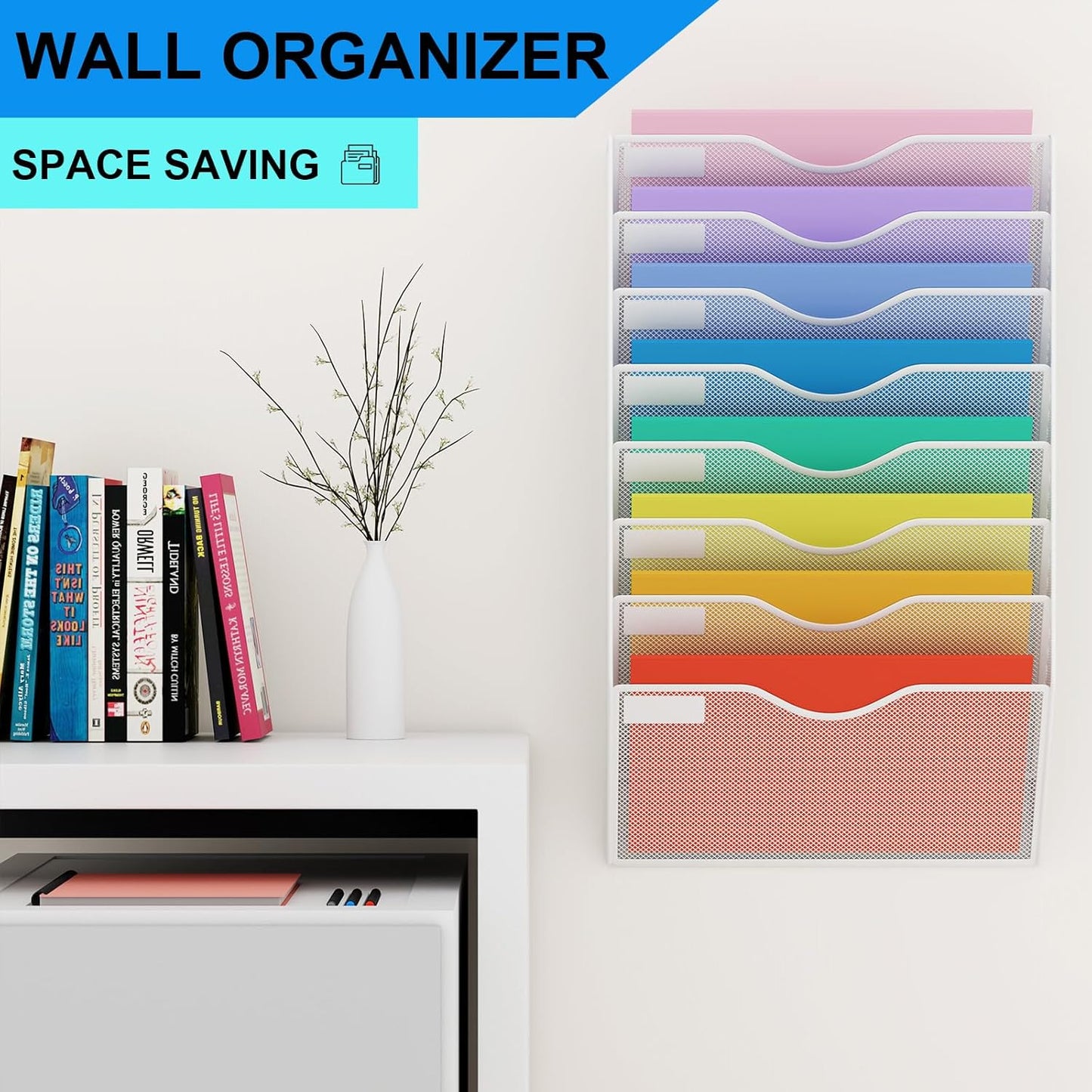 5 Pockets Mesh Hanging Wall File Holder Organizer Wall Mounted Paper Magazine Rack, Black