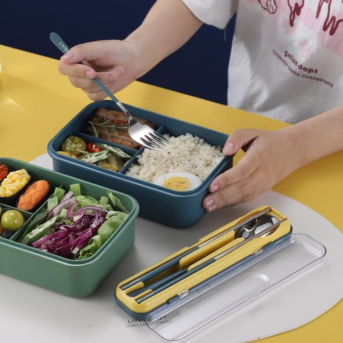 DOUEAT Portable Utensils Set Case with Fork, Spoon, Chopsticks; Reusable Stainless Steel Flatware; for Travel, Camping, School, Office Silverware Cutlery - Green