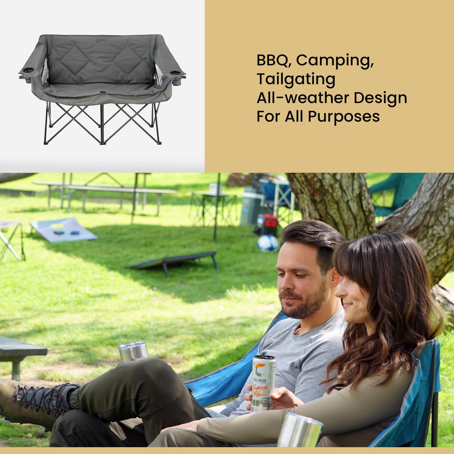 ARROWHEAD OUTDOOR Portable Folding Double Duo Camping Chair Loveseat w/ 2 Cup & Wine Glass Holder, Heavy-Duty Carrying Bag, Padded Seats & Armrests, Supports up to 500lbs, USA-Based Support