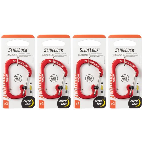 Nite Ize Aluminum SlideLock Carabiner - Daily Use & Lightweight Carabiner - Compact Aluminum Carabiner with Lock - Versatile Rectangular Carabiner - Size 3, Red (4 Pack)