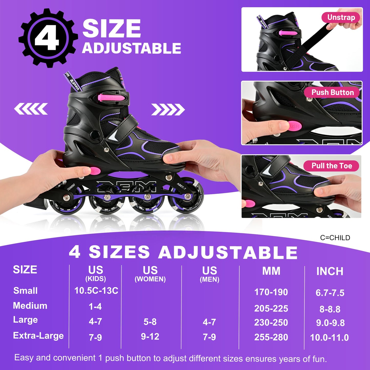 2PM SPORTS Inline Skates for Kids Girls Ages 4-8 8-12 3-5 4-6 6-12 10-12 with Light Up Wheels, Adjustable Kids Roller Skates Blades for Adults Women Beginners Youths Indoor Outdoor Purple, Medium