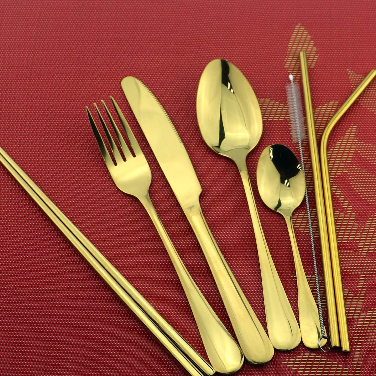 8 Pieces Stainless Steel Mirror Poblished Flatware Set Reusable Cutlery Set Travel Utensils Set with Straws for Camping Office or School Lunch,Dishwasher Safe (Rose Gold)