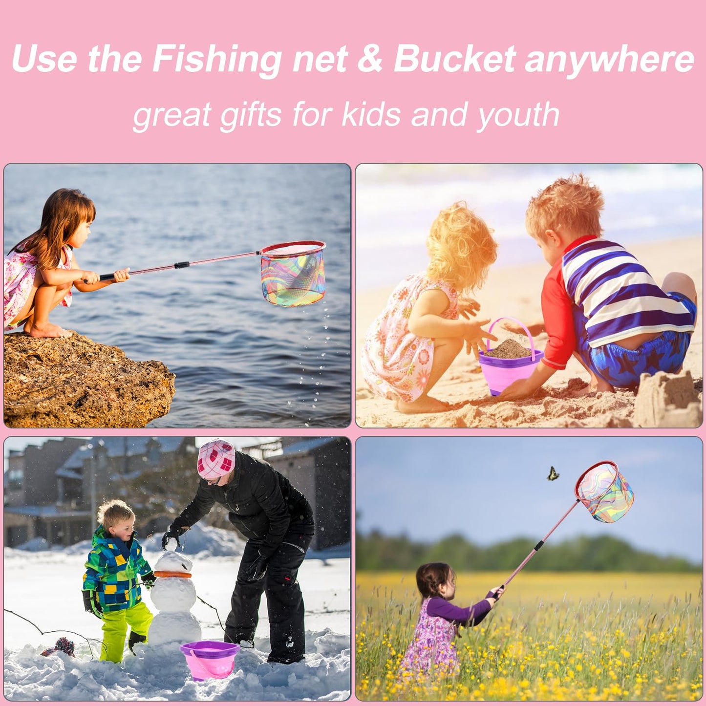 Kids Fishing Net, 2 Pack Telescopic Landing Nets with Aluminum Pole Handle, Collapsible Kids Bucket Sand Pail, Butterfly Net for Kids, Fishing Net for Kids Youth, Outdoor Playing (Pink and Blue)