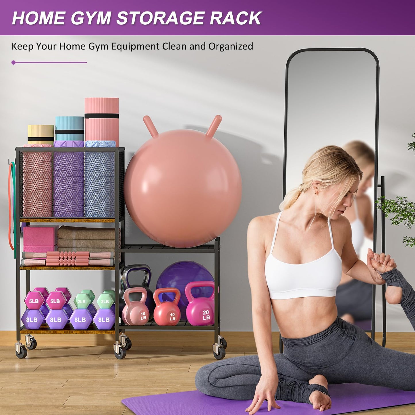 5 Tier Dumbbell Rack, Yoga Mat Storage Holder, Home Gym Storage Rack, Workout Equipment Storage Organizer, Weight Storage Holder Rack with Hooks and Wheels