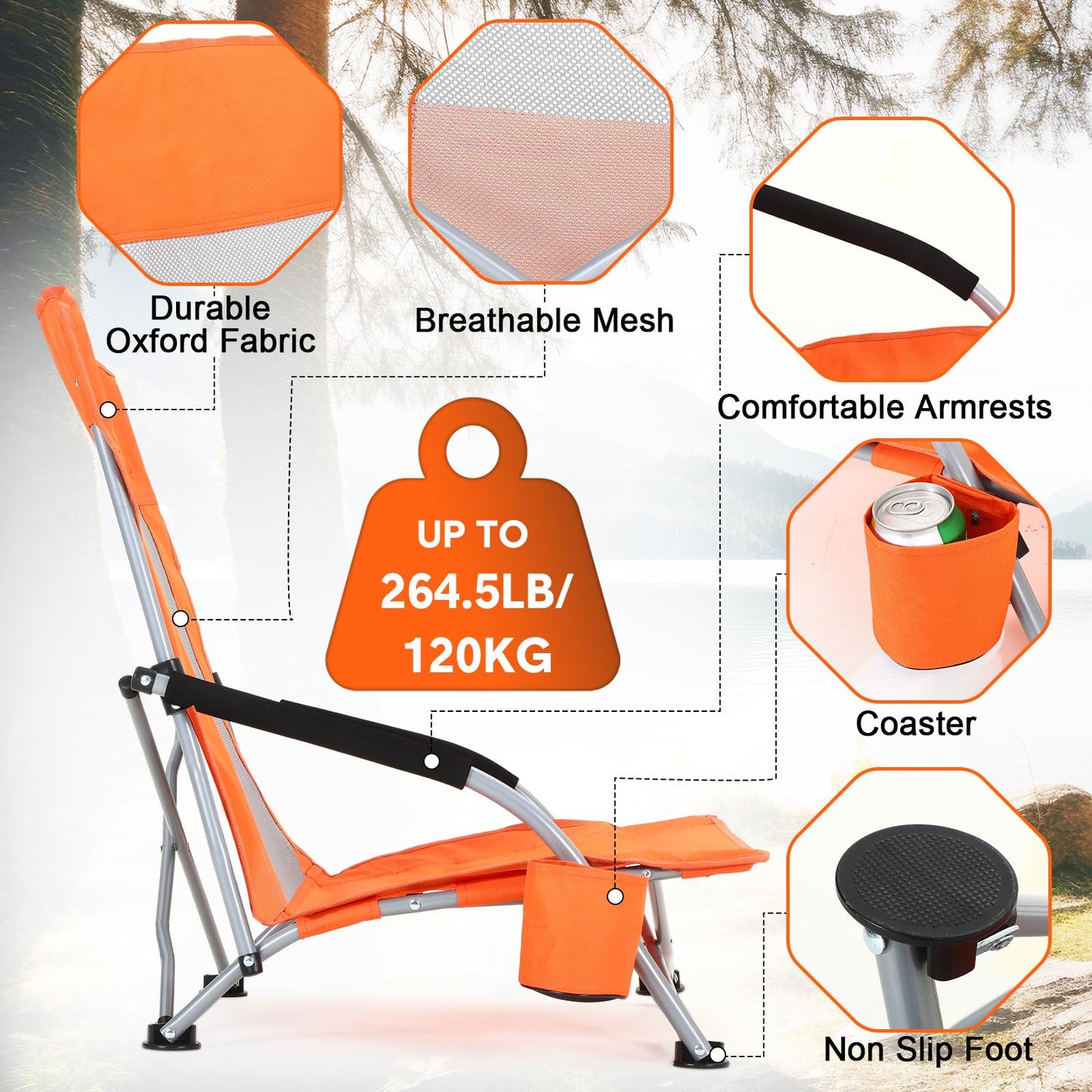 FillTouch 6 Packs Low Beach Chairs Portable Folding Beach Chairs for Adults with Cup Holder Carry Bag Low Back Camping Chair Lightweight Folding Lawn Chairs for Outdoor Sand Travel Concert (Orange)