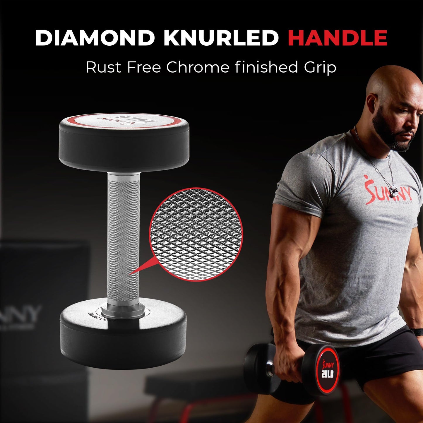 Sunny Health & Fitness Premium Polyurethane Commercial Grade Round Dumbbells with Diamond Knurled Handle, Durable Strength Training Equipment for Home Gym, 5-Pound (Pair) - SF-DB02-5