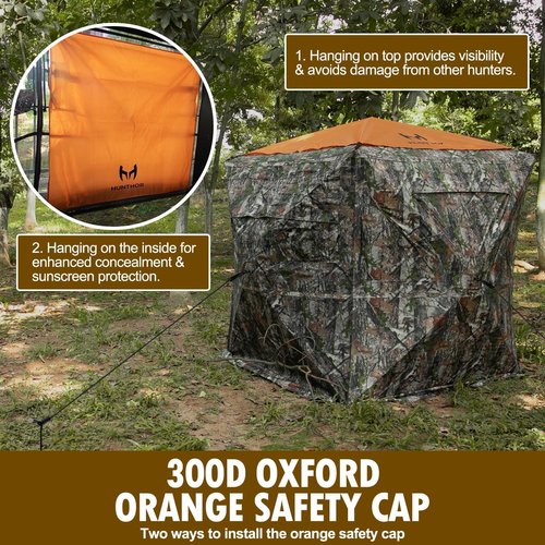 Hunthor Hunting Blind for 2-3 Person, 360 Degree See-Through Ground Blind with Silent Zipper and Orange Top, Portable Pop-Up Tent for Deer and Turkey Hunting with Carry Bag