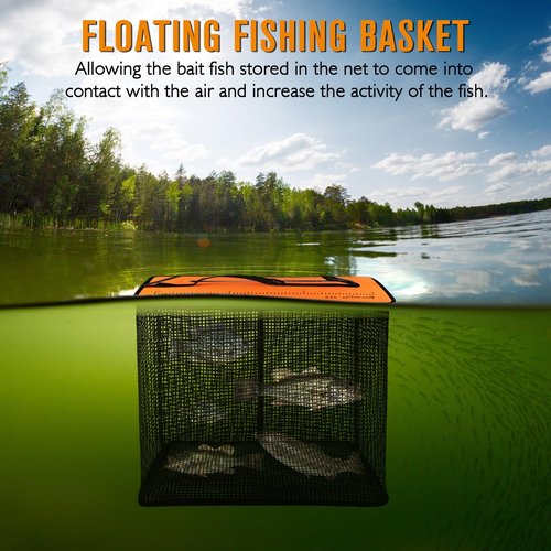 Dovesun Floating Fishing Basket, Collapsible Fish Basket Portable Fishing Net Quick-Drying Rubber Coated Fishing Bait Storage Cage 10 Gallons