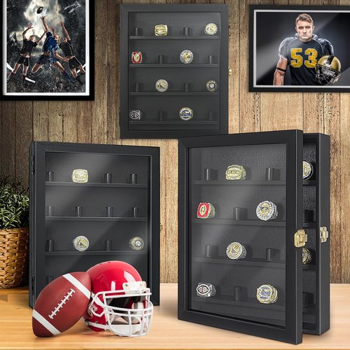 Championship Ring Display Case, 16 Posts Ring Display Case, 10 x 12 Wall Mount Shadow Box, Baseball Ring Holder, Black