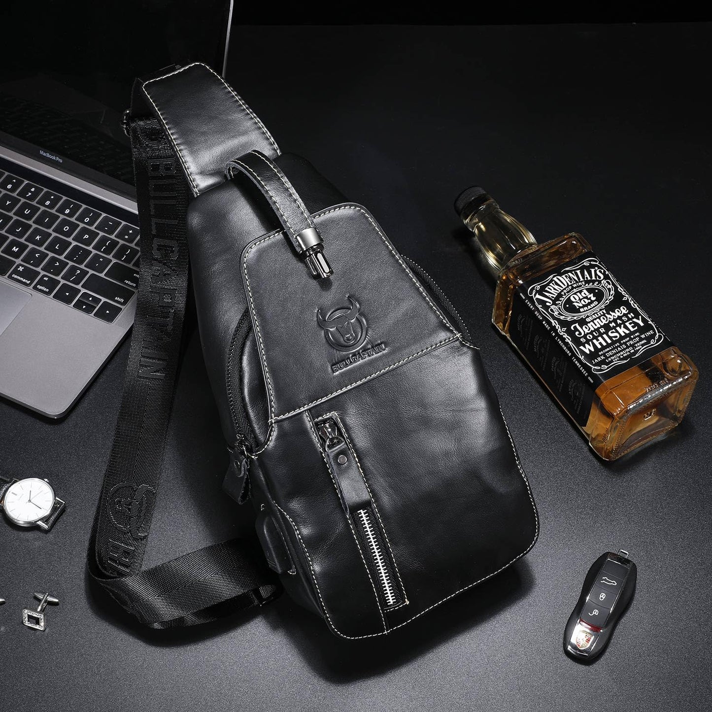 Genuine Leather Sling Bag Mens Crossbody Backpack for Hiking Casual Daypack Shoulder Chest Bag with USB Charging Port (Black)