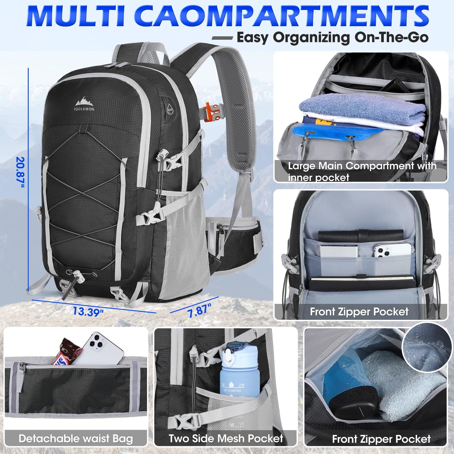 IGOLUMON Hiking Backpack 40L Packable Camping Backpack for Men Women Waterproof Lightweight Hiking Daypack Foldable Travel Daypack for Climbing Trekking Camping,Black