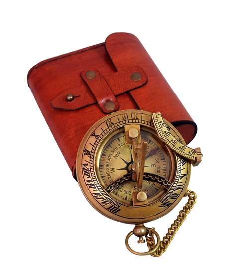 BAZROSS Vintage Brass Sundial Compass with Leather Case - Antique Brass & Copper Sun Clock for Camping, Hiking, Touring - Engraved Gift for Him - Nautical Ship Replica Watch - Sundial Clock in Box