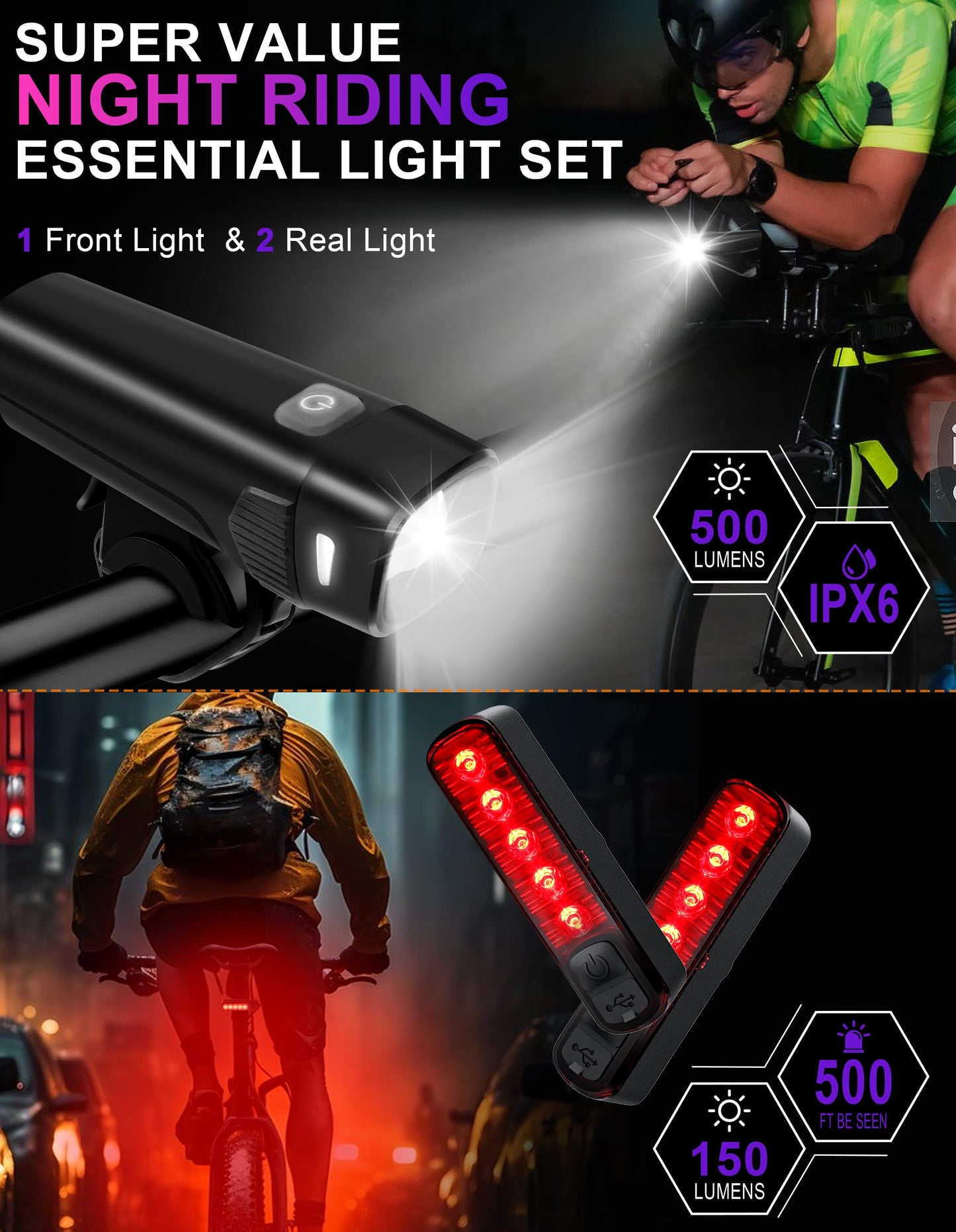 IPX6 Waterproof Front/Rear Bike Light Set (1 Headlight, 2 taillights) – Great for Night Rides, with high lumens, Long Battery Life, 5+4 Modes, Type-C Charging; Ideal for Road/Mountain Bikes.