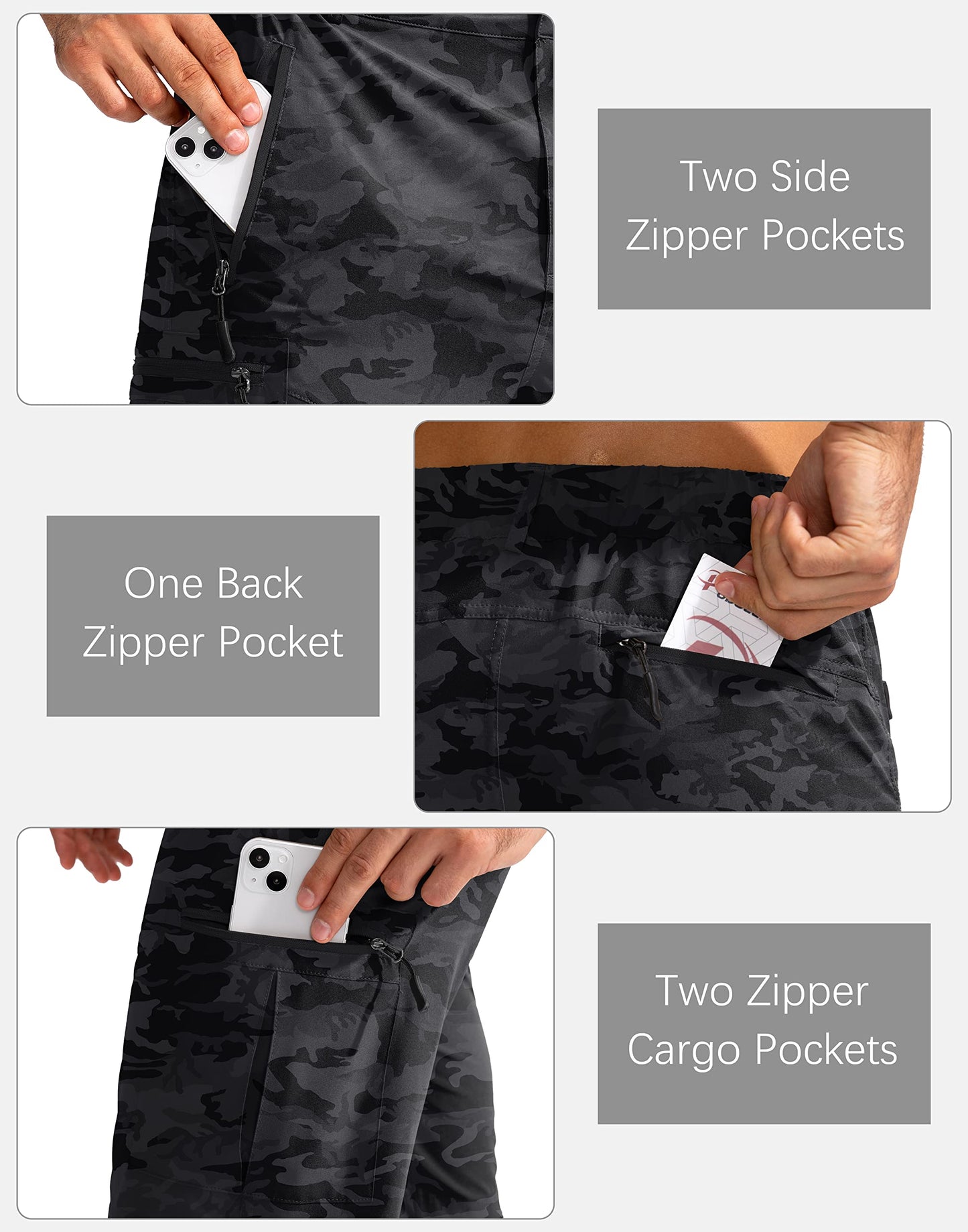 Pudolla Men's Hiking Cargo Shorts 9" Lightweight Outdoor Work Shorts for Men Travel Golf Camping Casual with 5 Zipper Pockets(Black Camo XX-Large)
