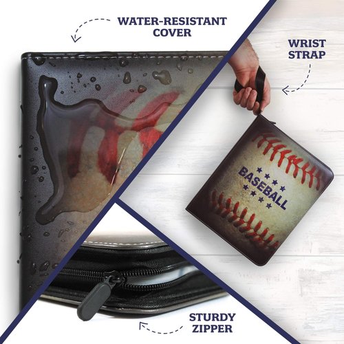 Baseball Card Binder 900 Pockets, 50 Pages, 3 Ring Trading Zipper Binder w/Strap, Large Storage, 9 Pocket Organizer Sleeves, Metal Release Tabs, Leather, Baseball Card Holder, Sports Collectors Gift