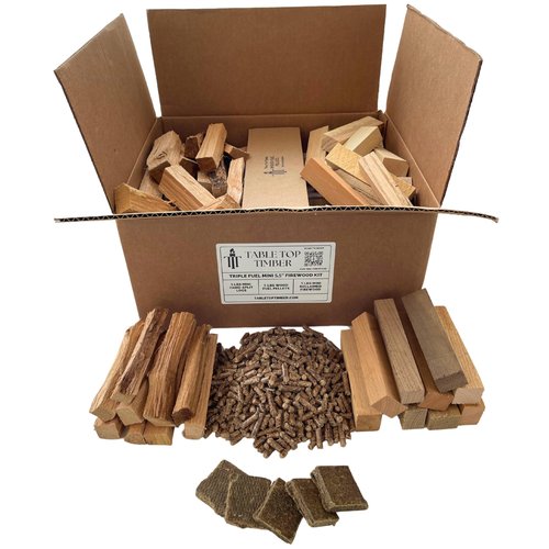 Triple Fuel MINI Firewood Kit - 15 Pounds Total - Hand-Split Logs, Reclaimed Wood Pieces, Wood-Fuel Pellets, & Firestarters - Compatible w/Solo Stove Mesa (5.5" Long Firewood)