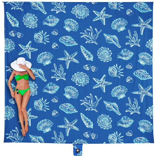 WEKAPO Beach Blanket Waterproof Sandproof Oversized, Extra Large Beach Mat Sand Free, Lightweight & Compact Sand Free Mat with 6 Stakes & 4 Corner Pockets (Blue Sea Shells, 8 x 7 FT (1～4 Person))